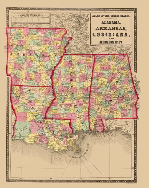 Old Map Alabama Arkansas Louisiana Mississippi 1873