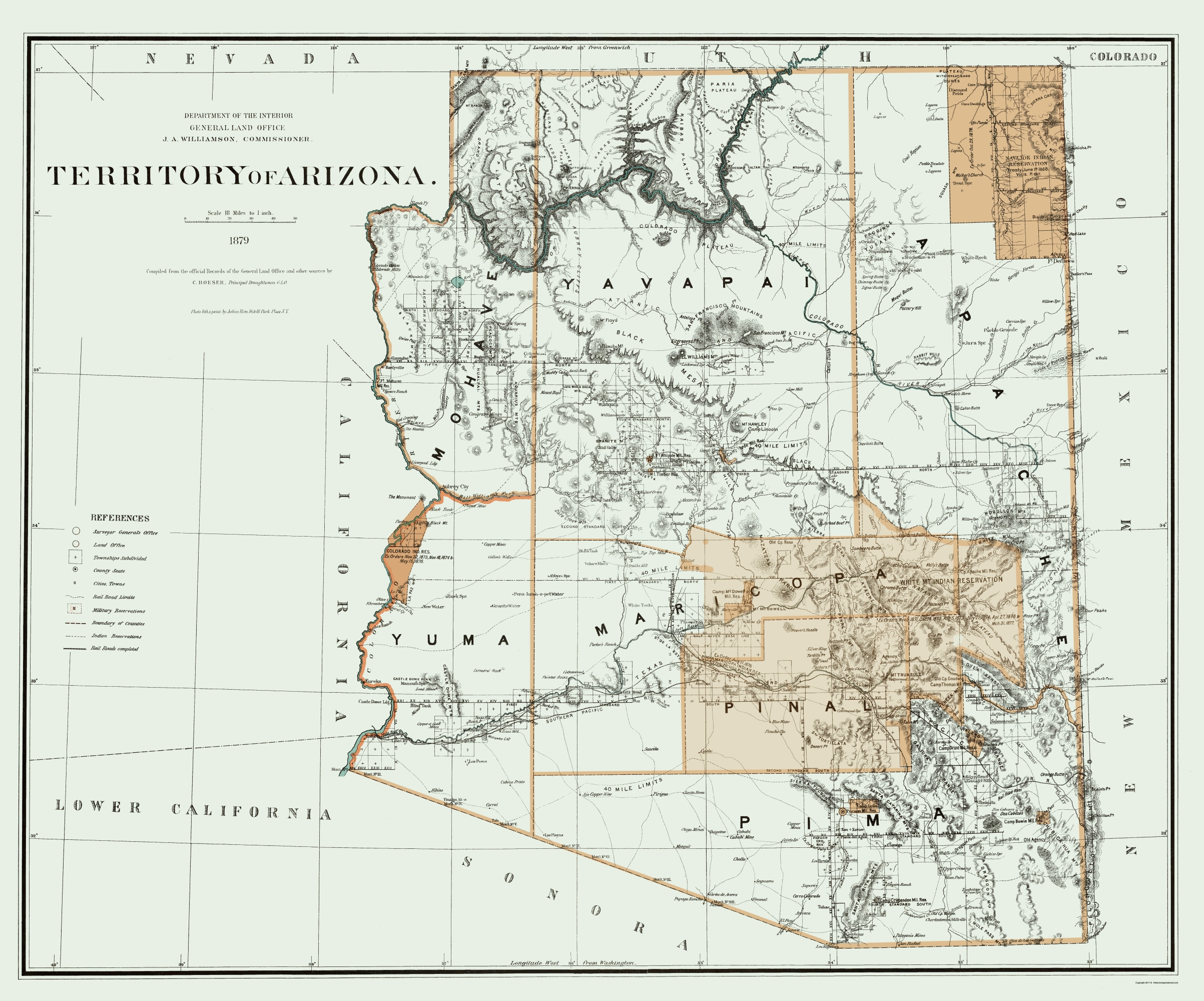 MP269 Antique map of Arizona 1881 Arizona Territory Map Vintage Arizona Map Historical Map of Arizona Old Map of Arizona