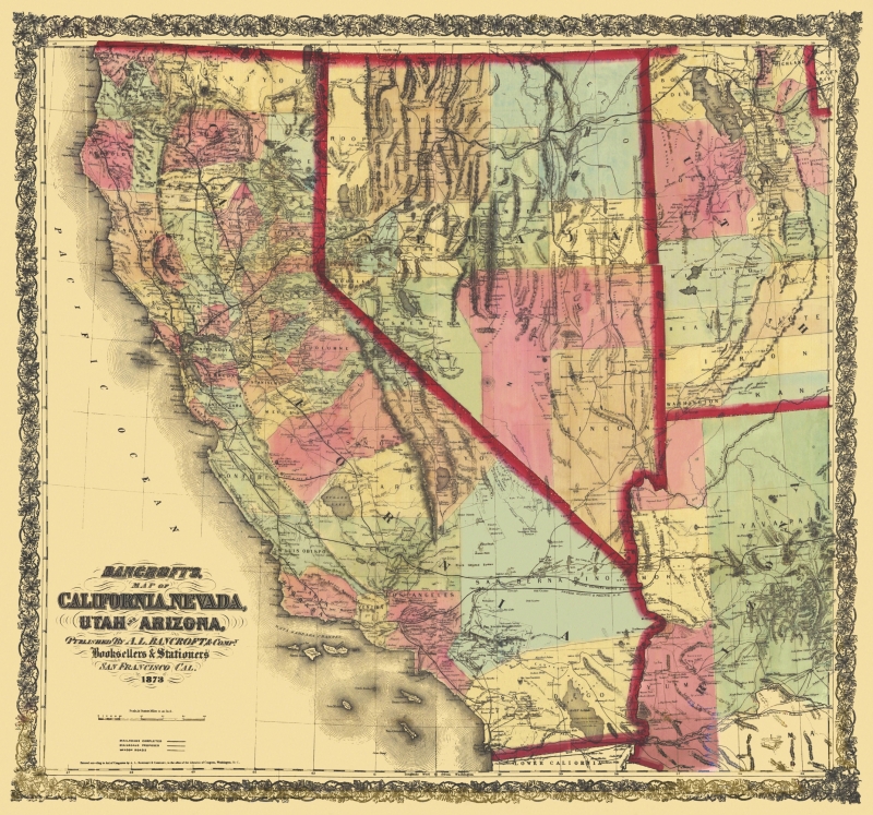 Old State Map California Nevada Utah Arizona 1873