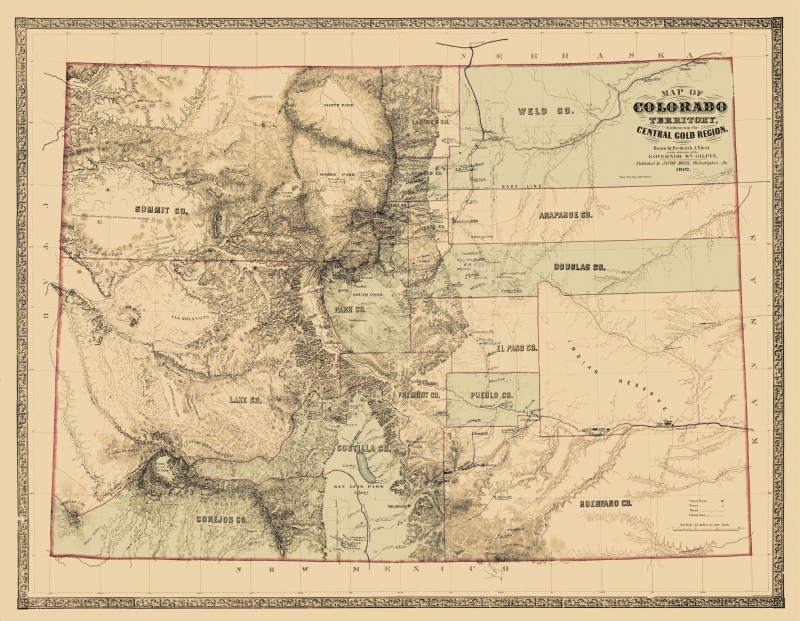 Old State Map Colorado Territory Gold Region 1862