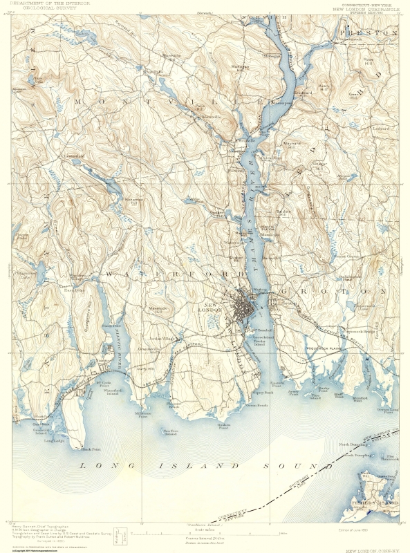Topographical Map New London Connecticut New York 1893