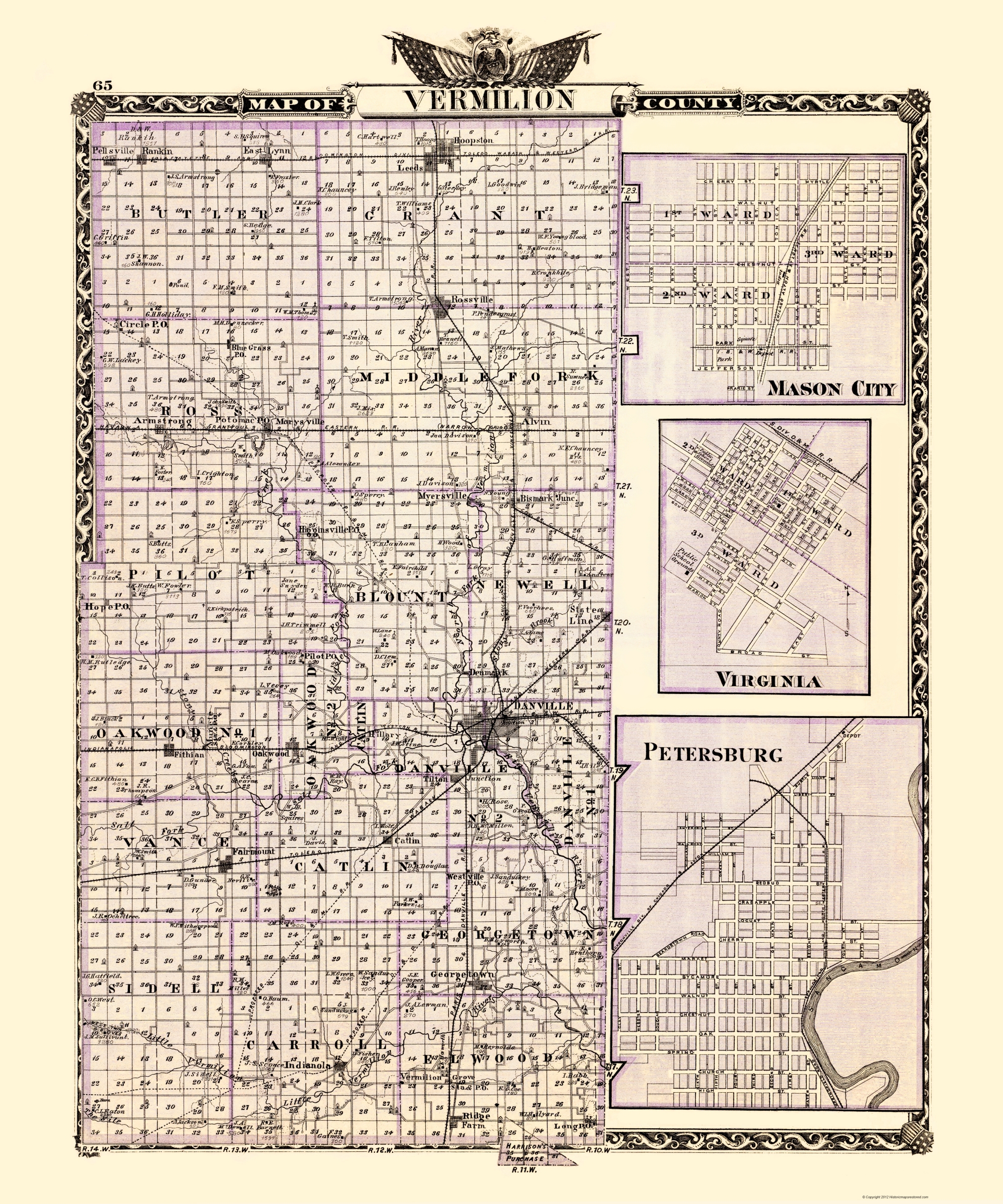 Danville  Illinois Vermilion Co IL 1876 Map Genealogy reprint 