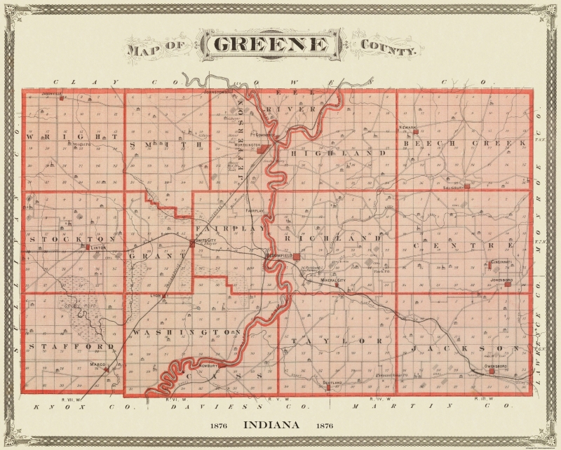 Old County Map Greene Indiana Landowner 1876