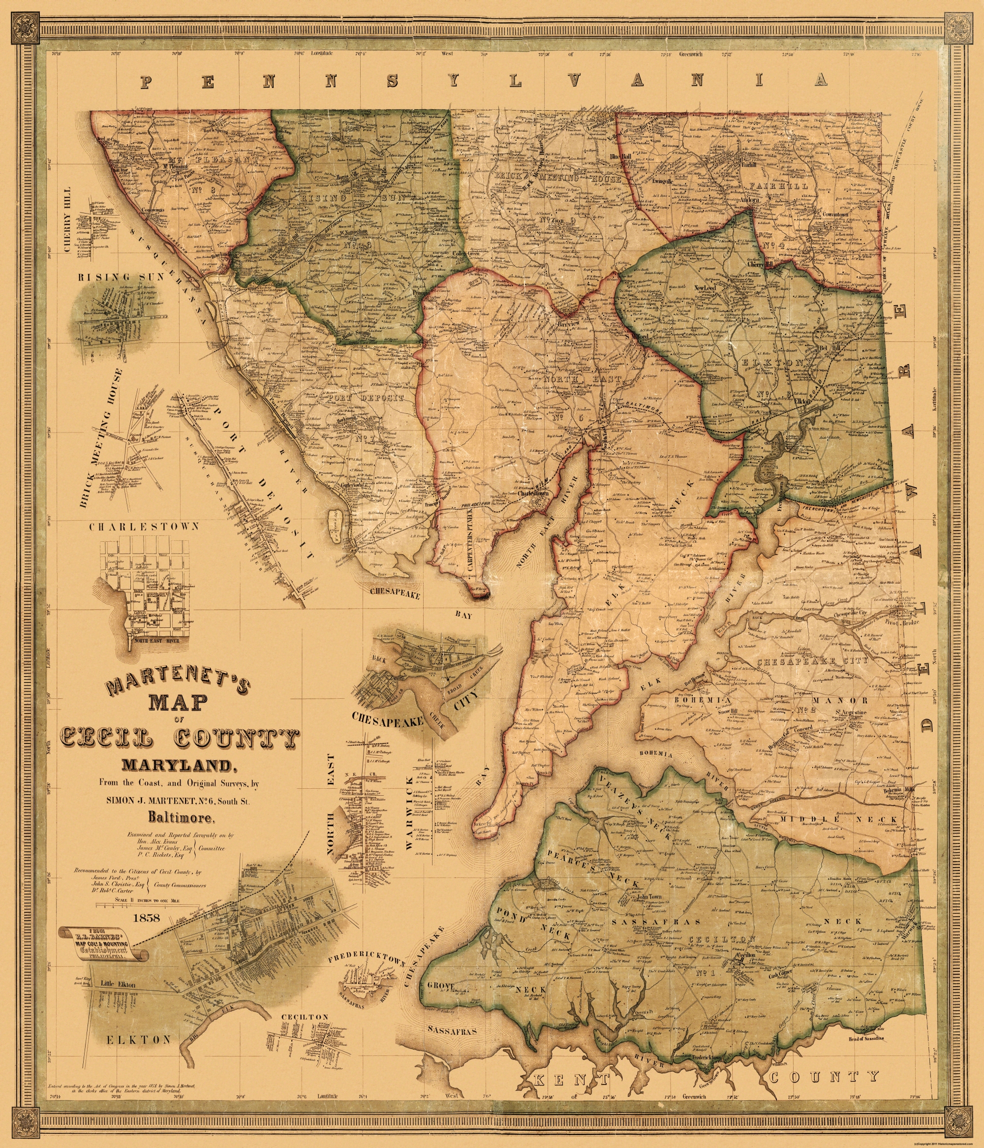 Map of Cecil County Maryland c1858  repro 24x24 