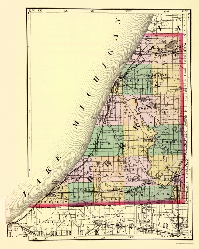 Old County Map Berrien Michigan Tackabury 1873
