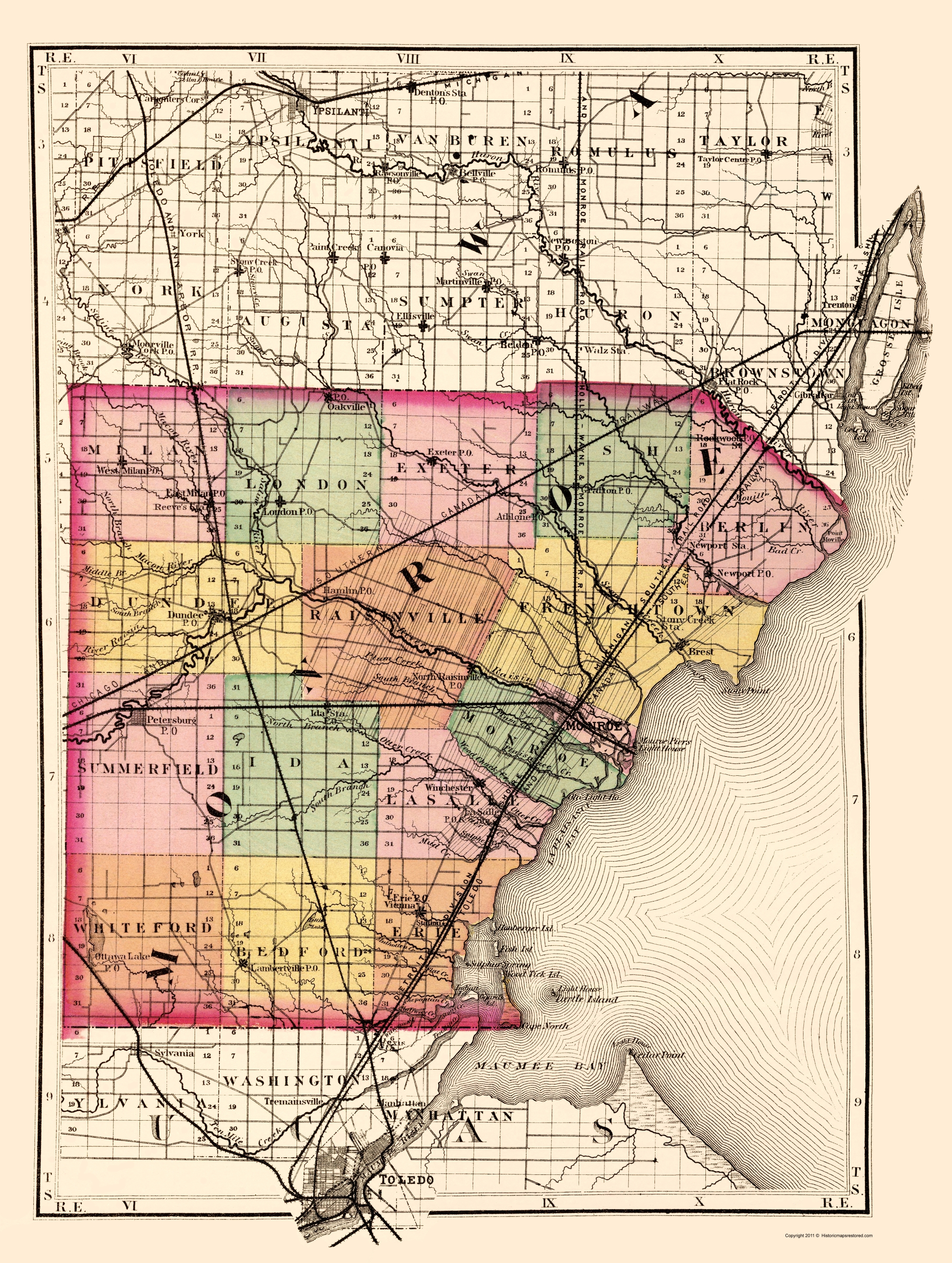 Old County Map Monroe Michigan Tackabury 1873