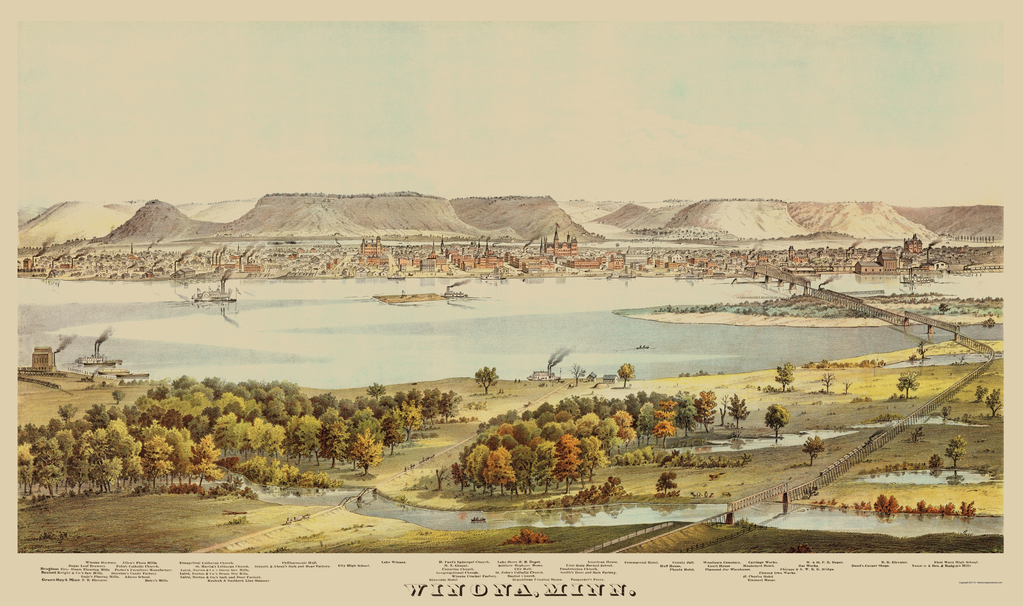 1874 Panoramic Map of Winona Minnesota