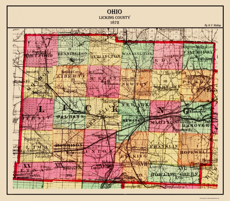 Old County Map Licking Ohio Walling 1872