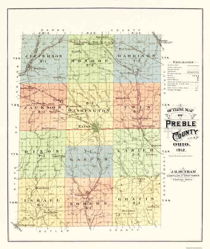 Old County Map Preble Ohio 1912