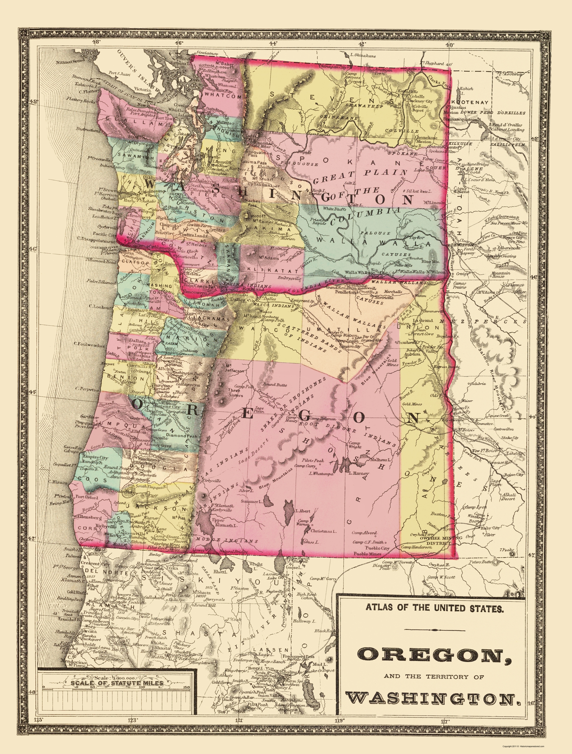 Old State Map Oregon Washington Baltimore 1873