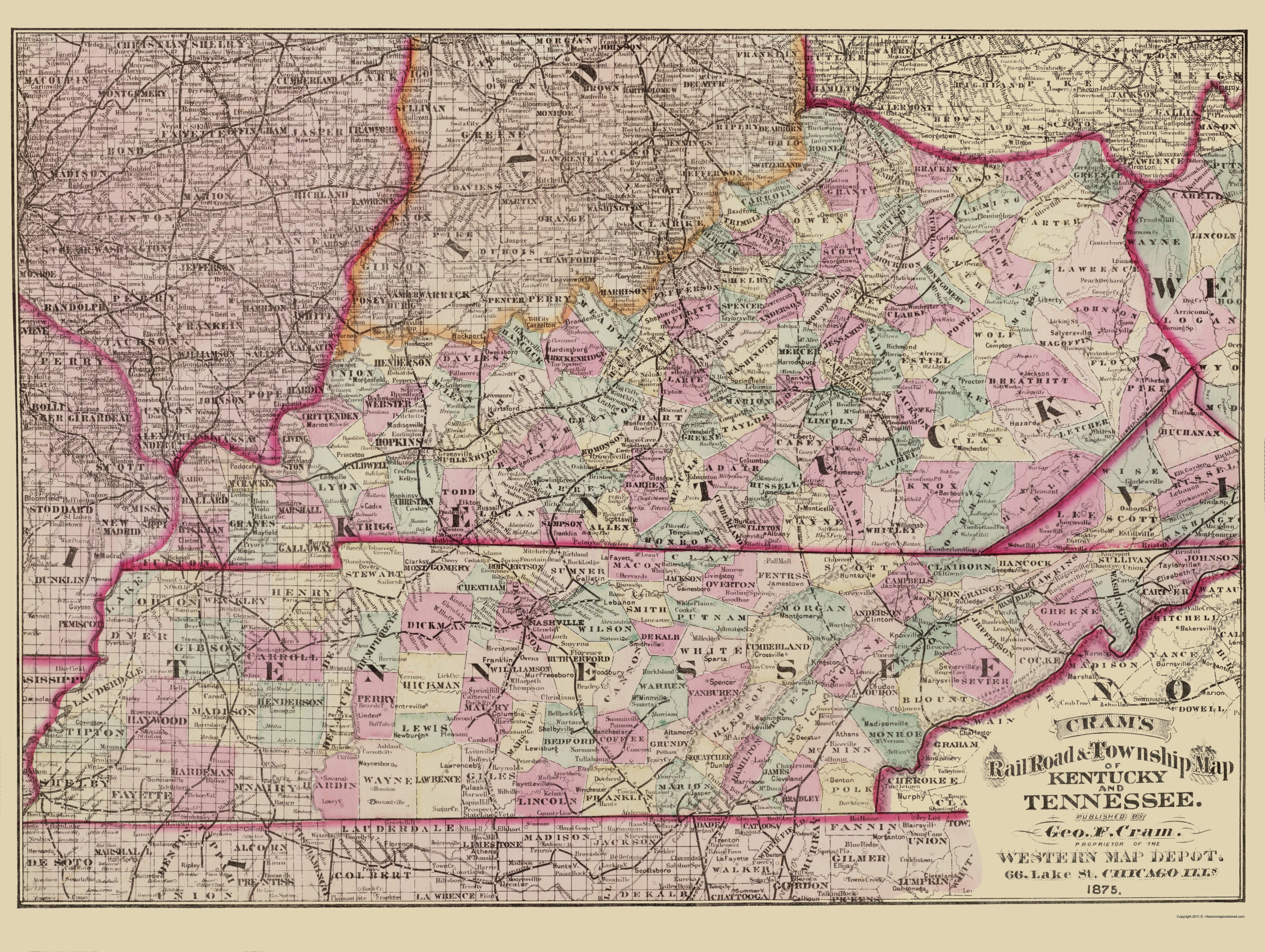 Railroad and county map of TN c1888 repro 56x24 
