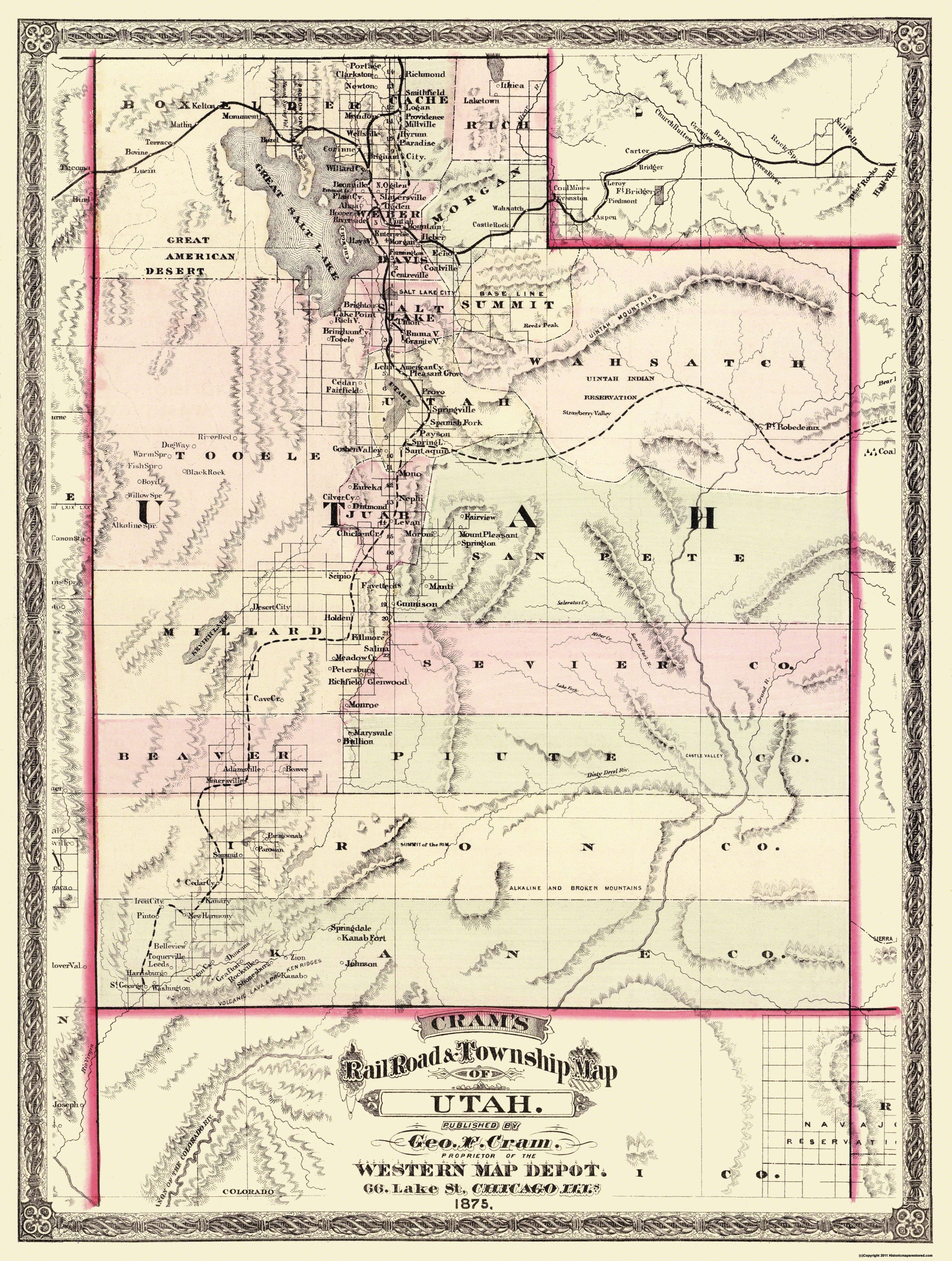 Old Railway Decorative Map of Utah Cram ca 1875