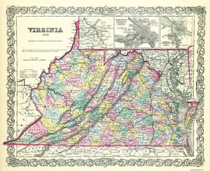 Old State Map Virginia Colton 1856
