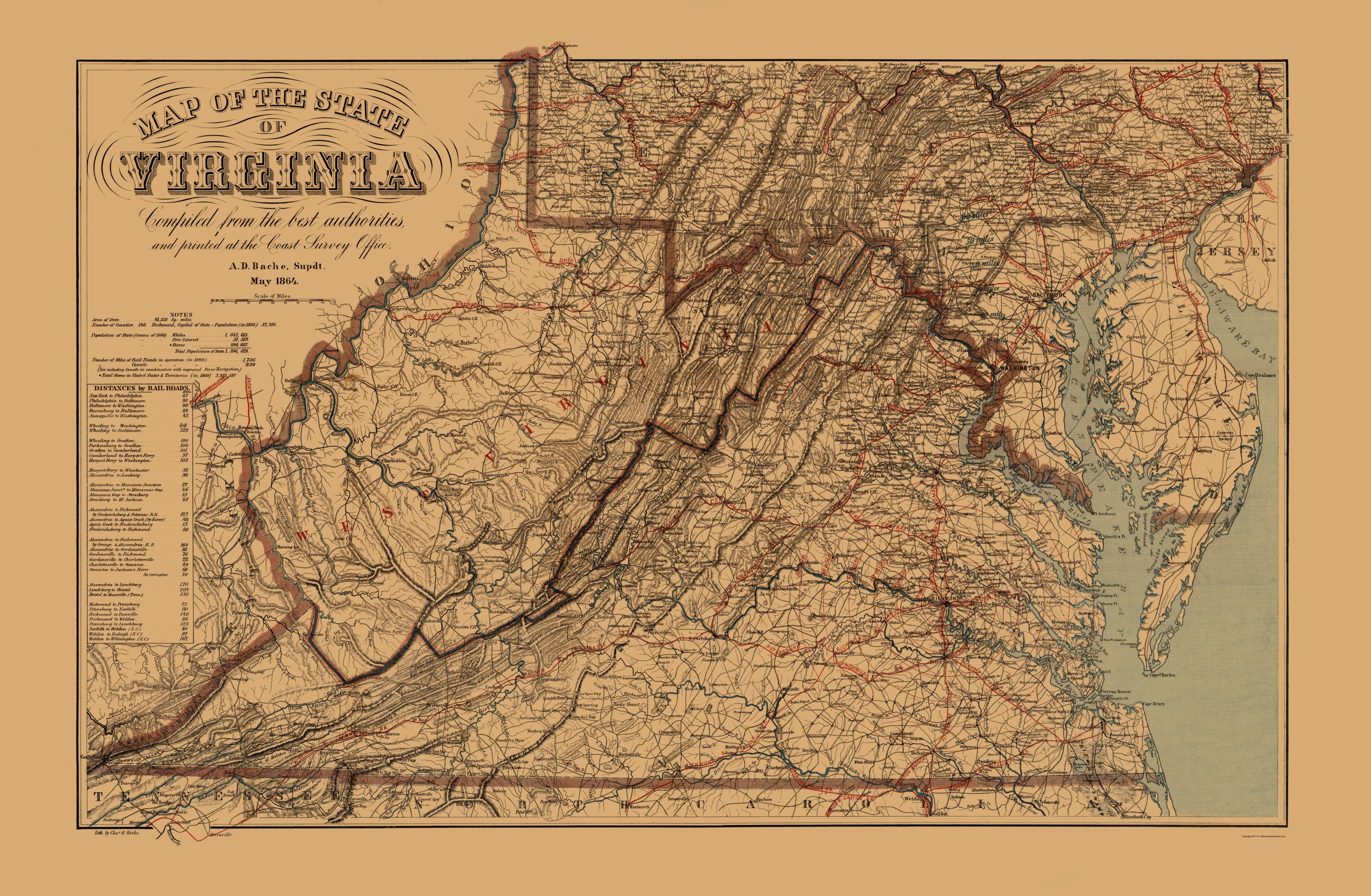 Old State Map Virginia West Virginia Krebs 1864