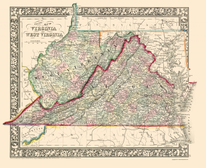 Old State Map Virginia West Virginia Counties 1863